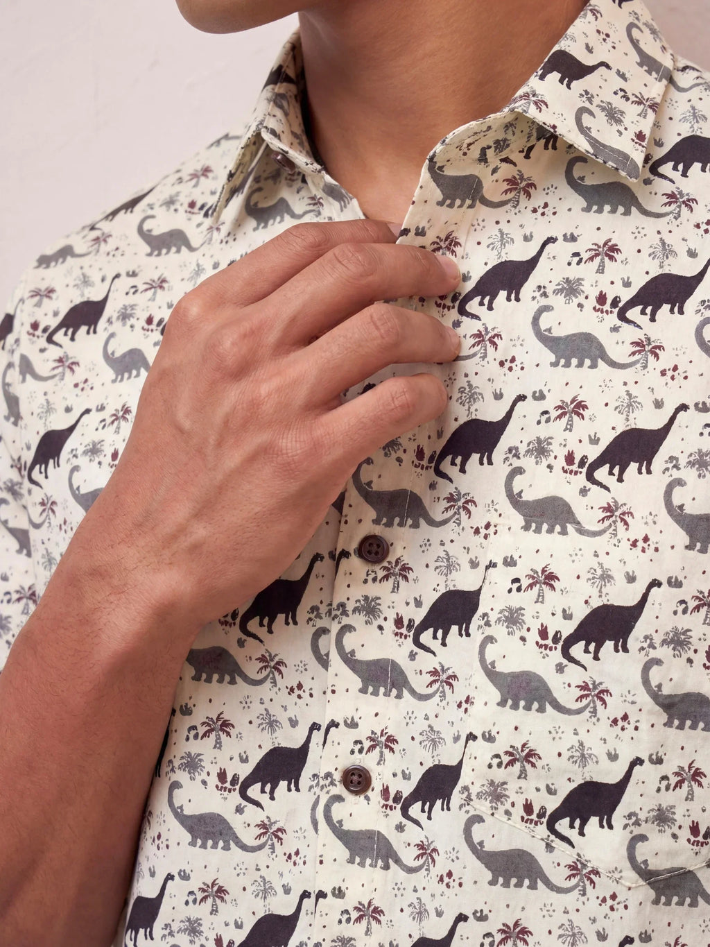 Dino Adventure – Printed Cotton Half Sleeve in Cream & Black