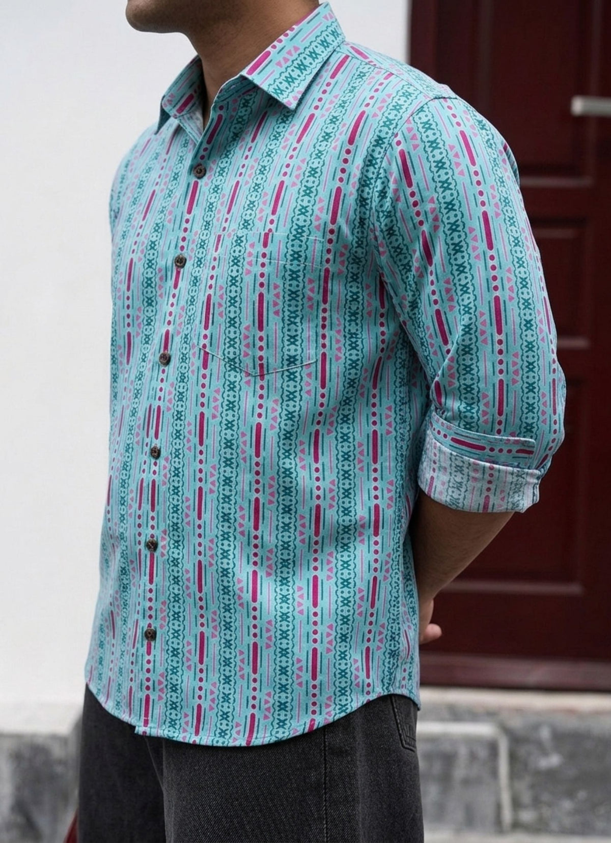 Turquoise Rhythm – Printed Cotton Full Sleeve Shirt