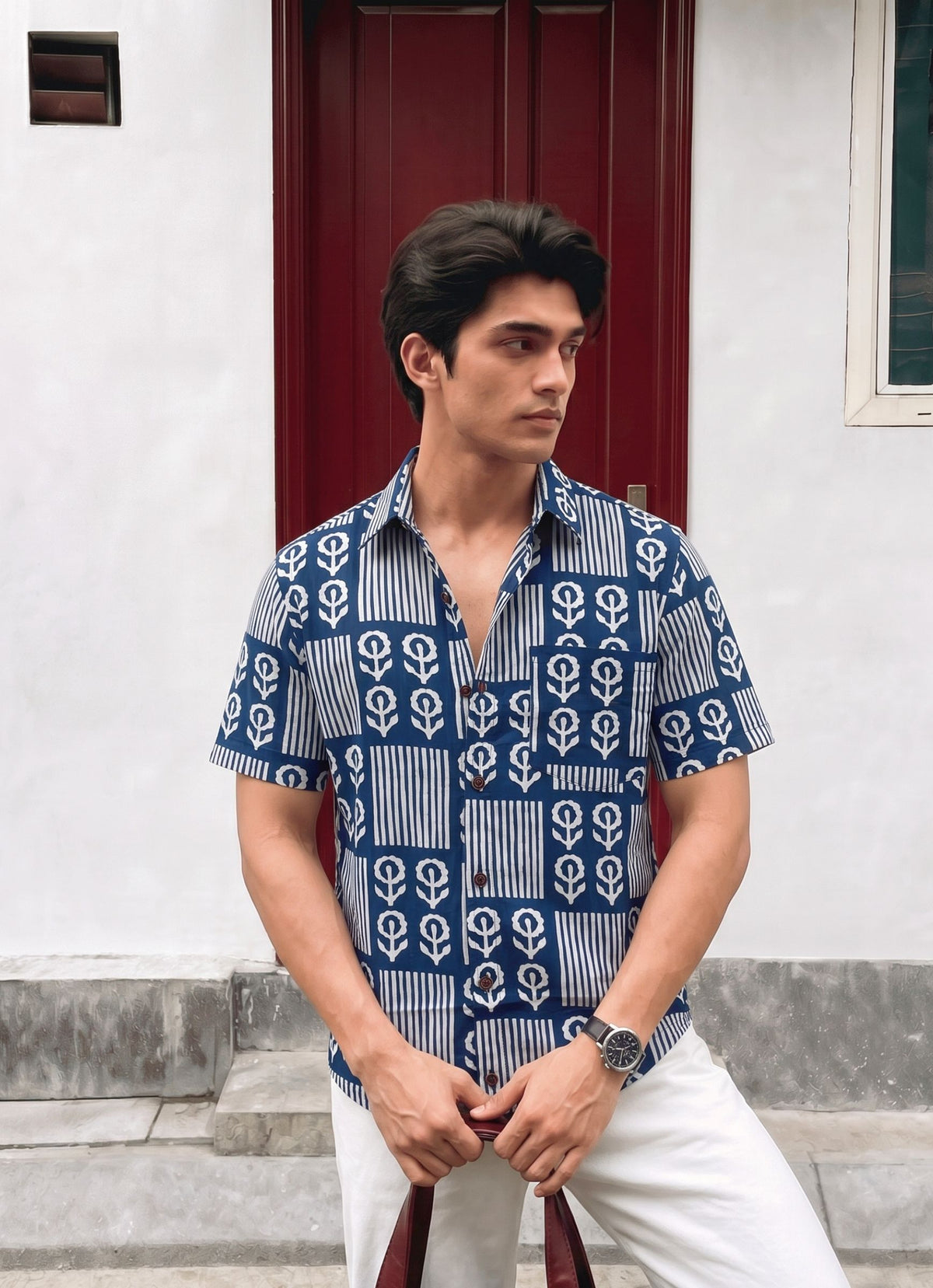 Navy Blooms – Cotton Half Sleeve Shirt