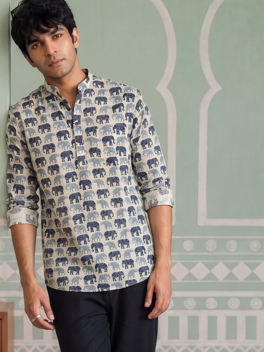 Elephant Elegance – Printed Cotton Short Kurta