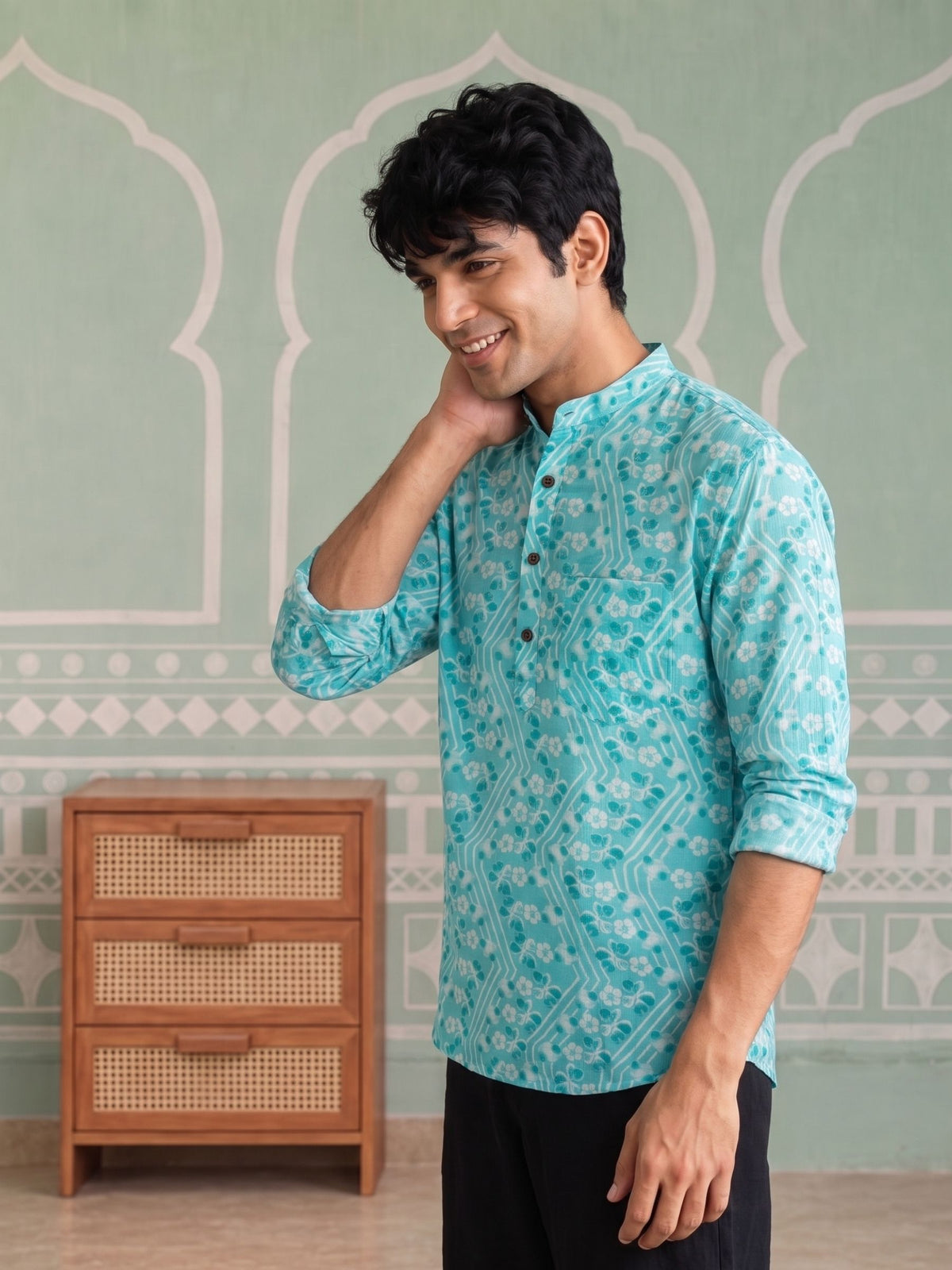 Turquoise Bliss – Printed Cotton Short Kurta