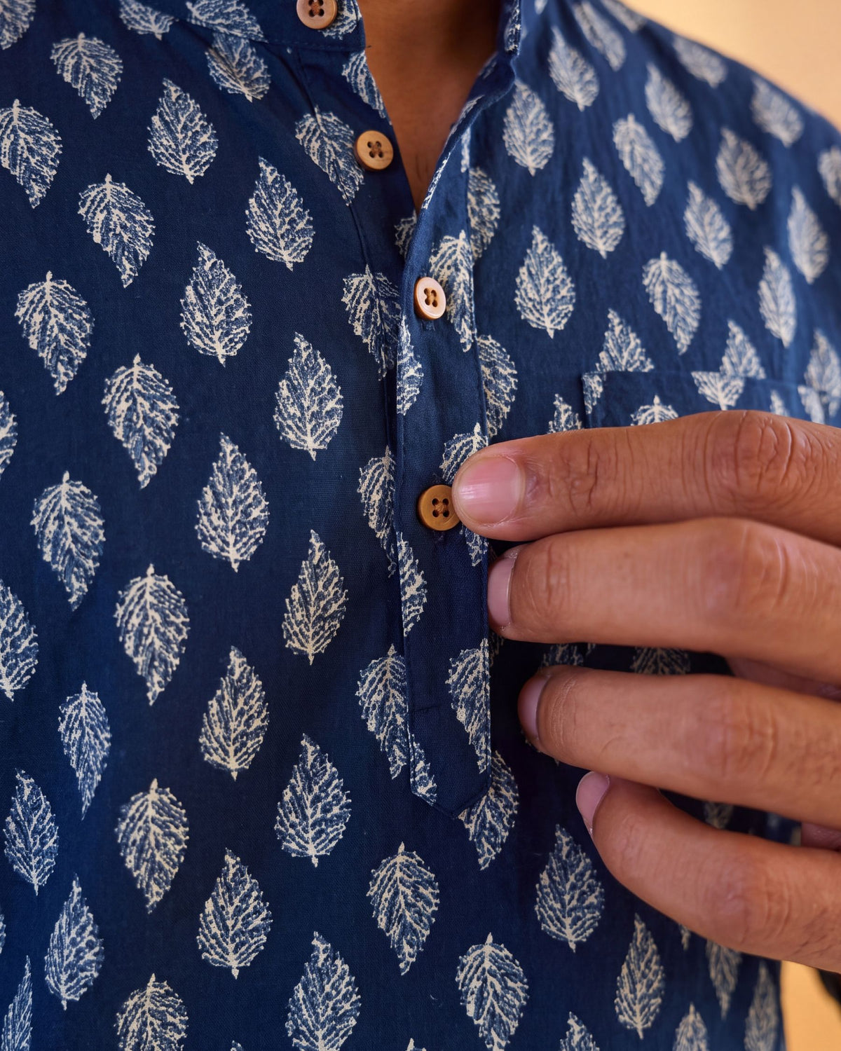 Navy Leaf Whisper – Men's Printed Cotton Kurta