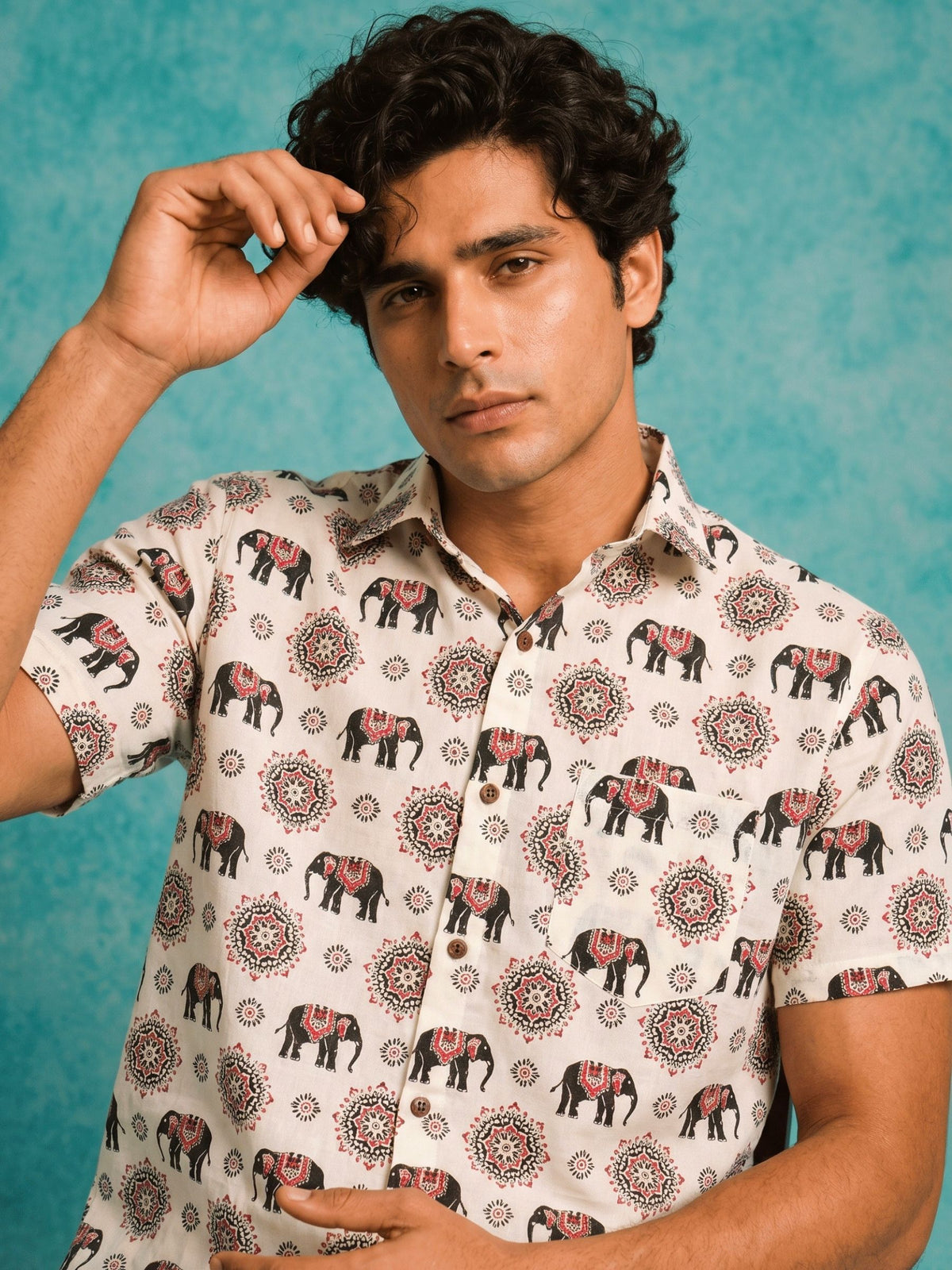 Elephant Charm – Printed Cotton Half Sleeve Shirt