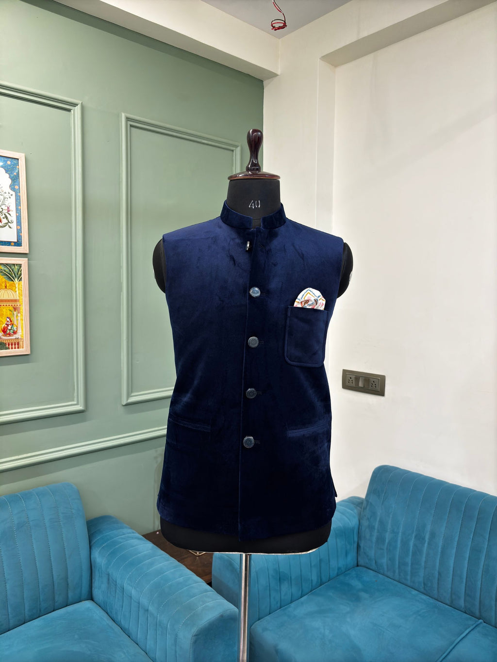 Stylish Velvet Nheru Jacket - Blue