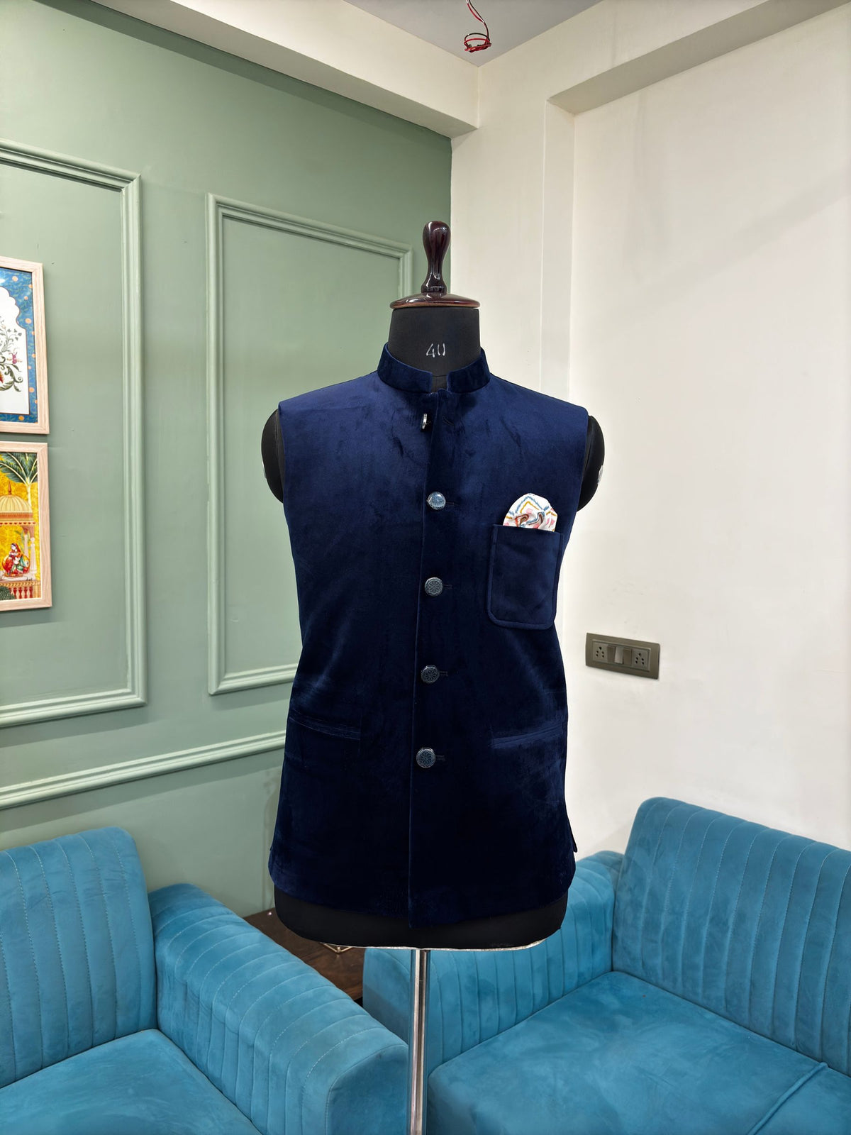 Stylish Velvet Nheru Jacket - Blue