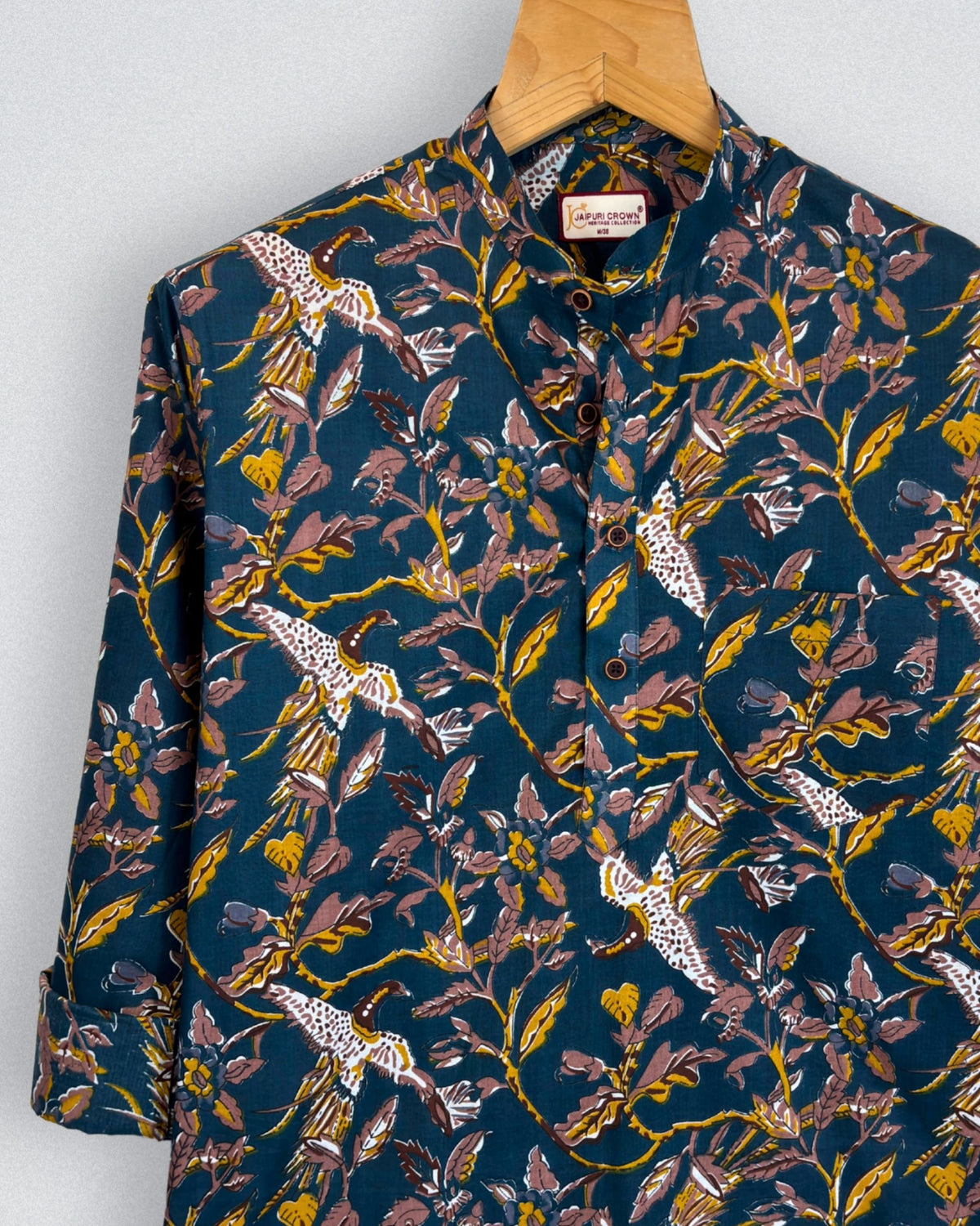 Nature's Charm – Printed Cotton Short Kurta in Teal & Mustard