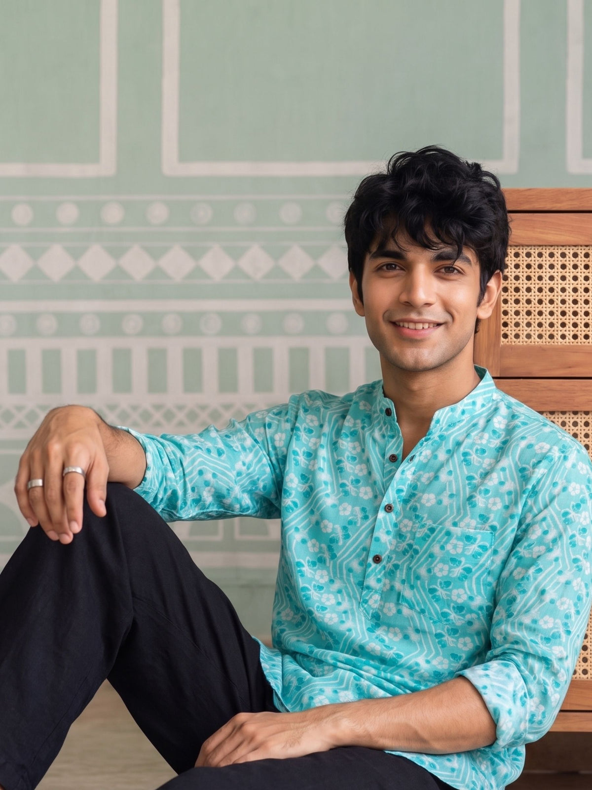 Turquoise Bliss – Printed Cotton Short Kurta