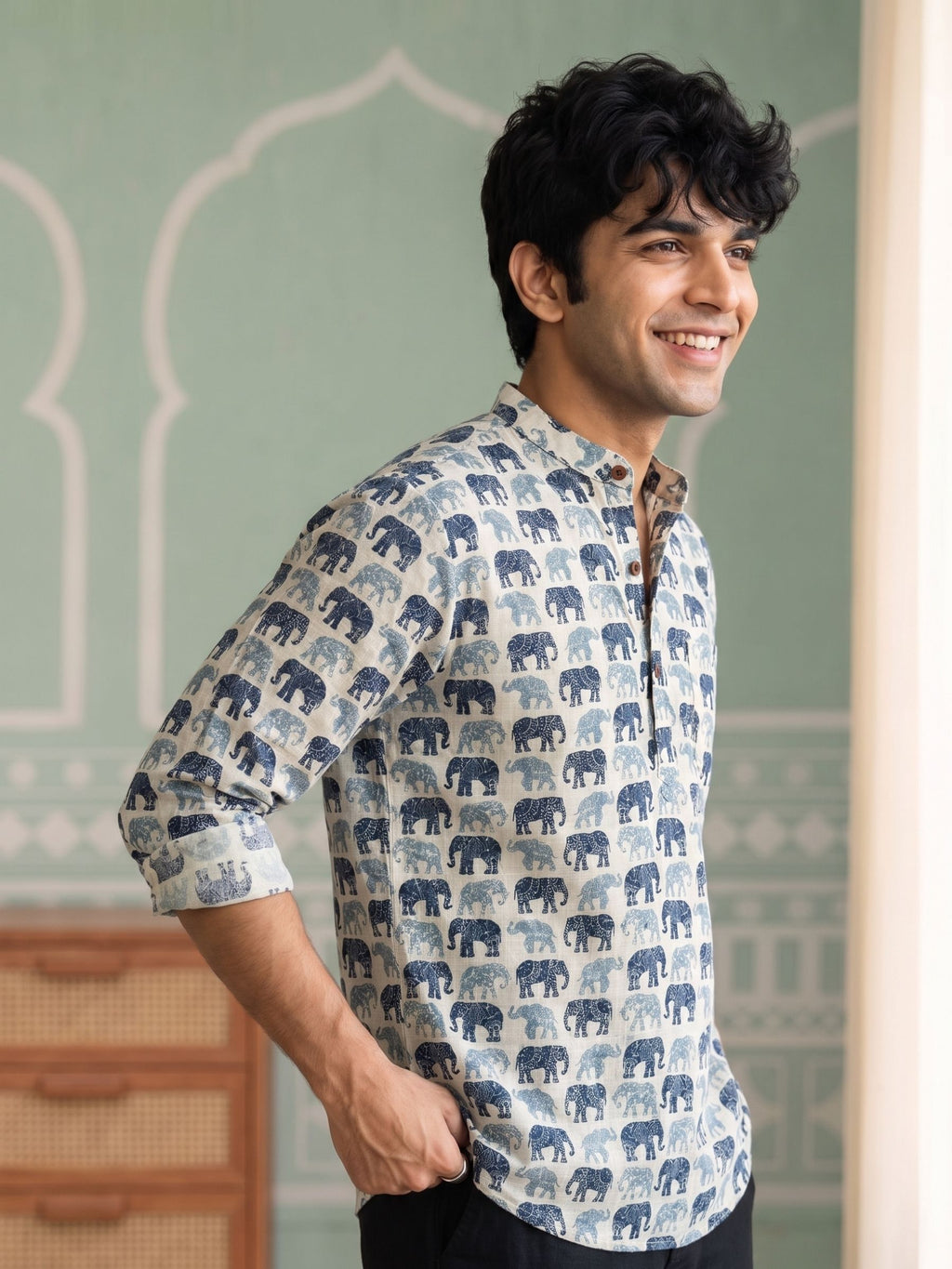 Elephant Elegance – Printed Cotton Short Kurta