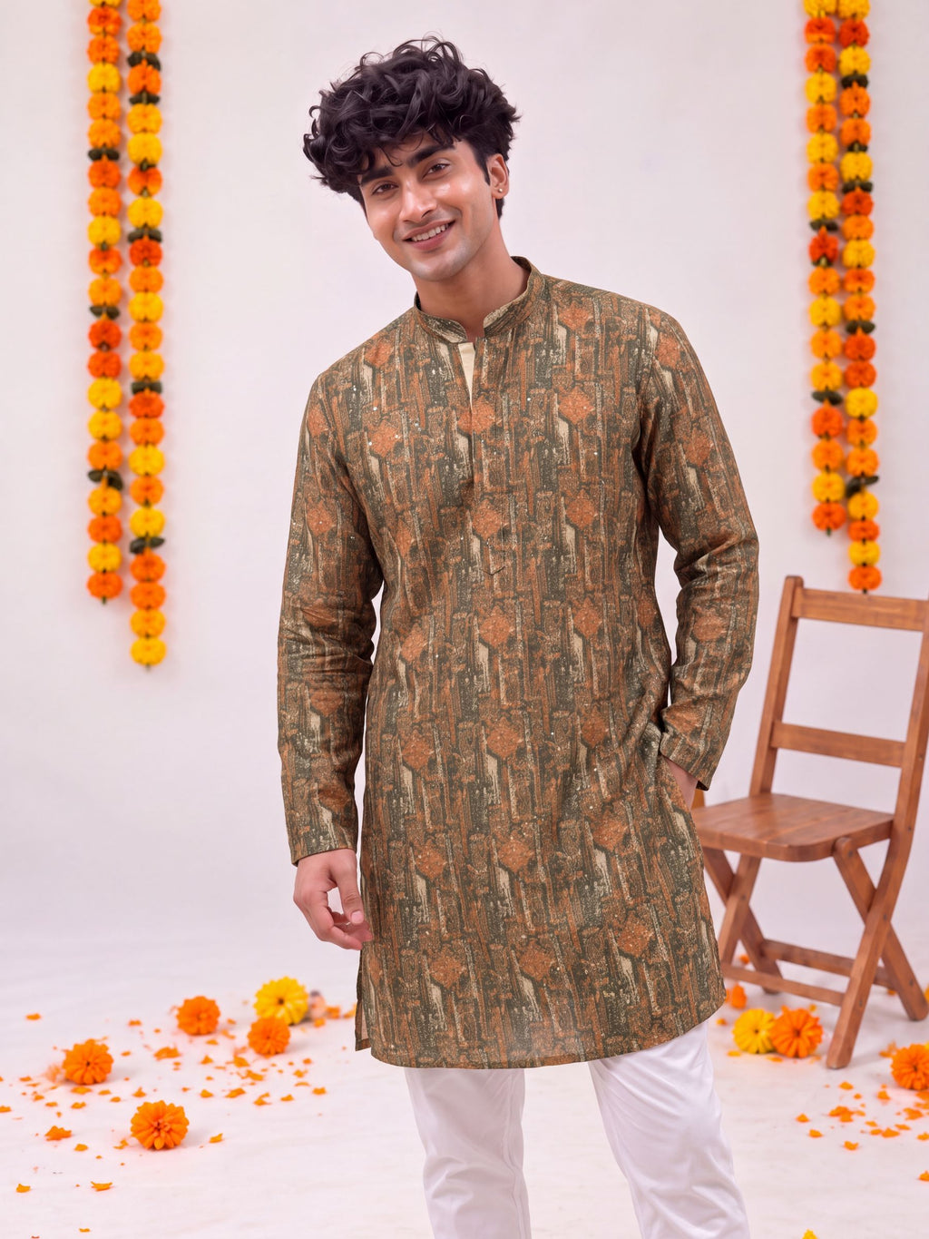 Olive Green Printed – Cotton Printed Long Kurta