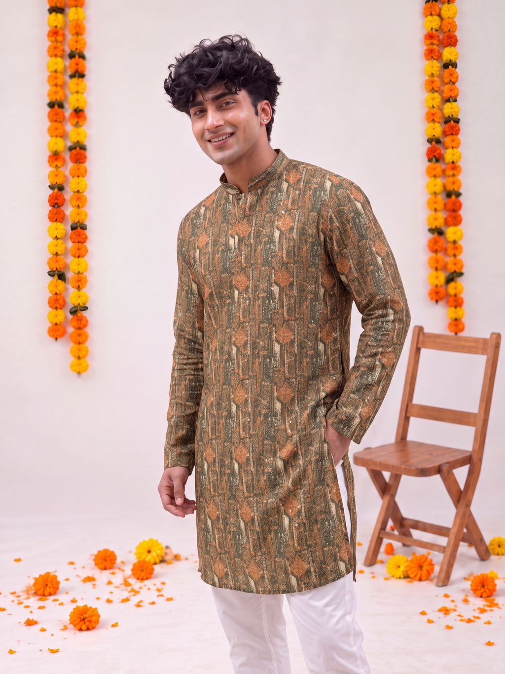 Olive Green Printed – Cotton Printed Long Kurta
