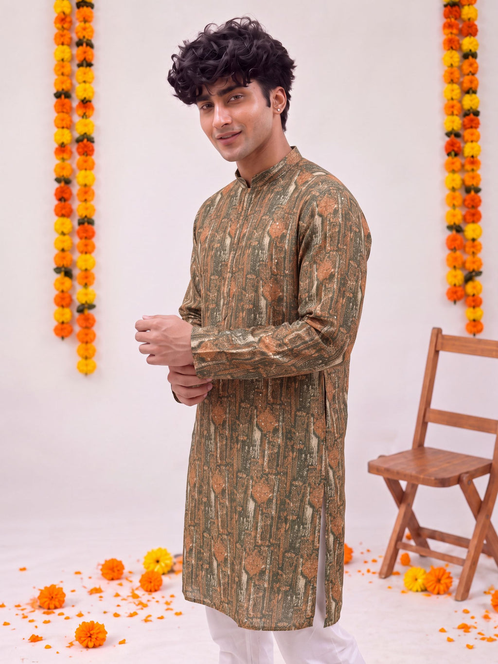 Olive Green Printed – Cotton Printed Long Kurta