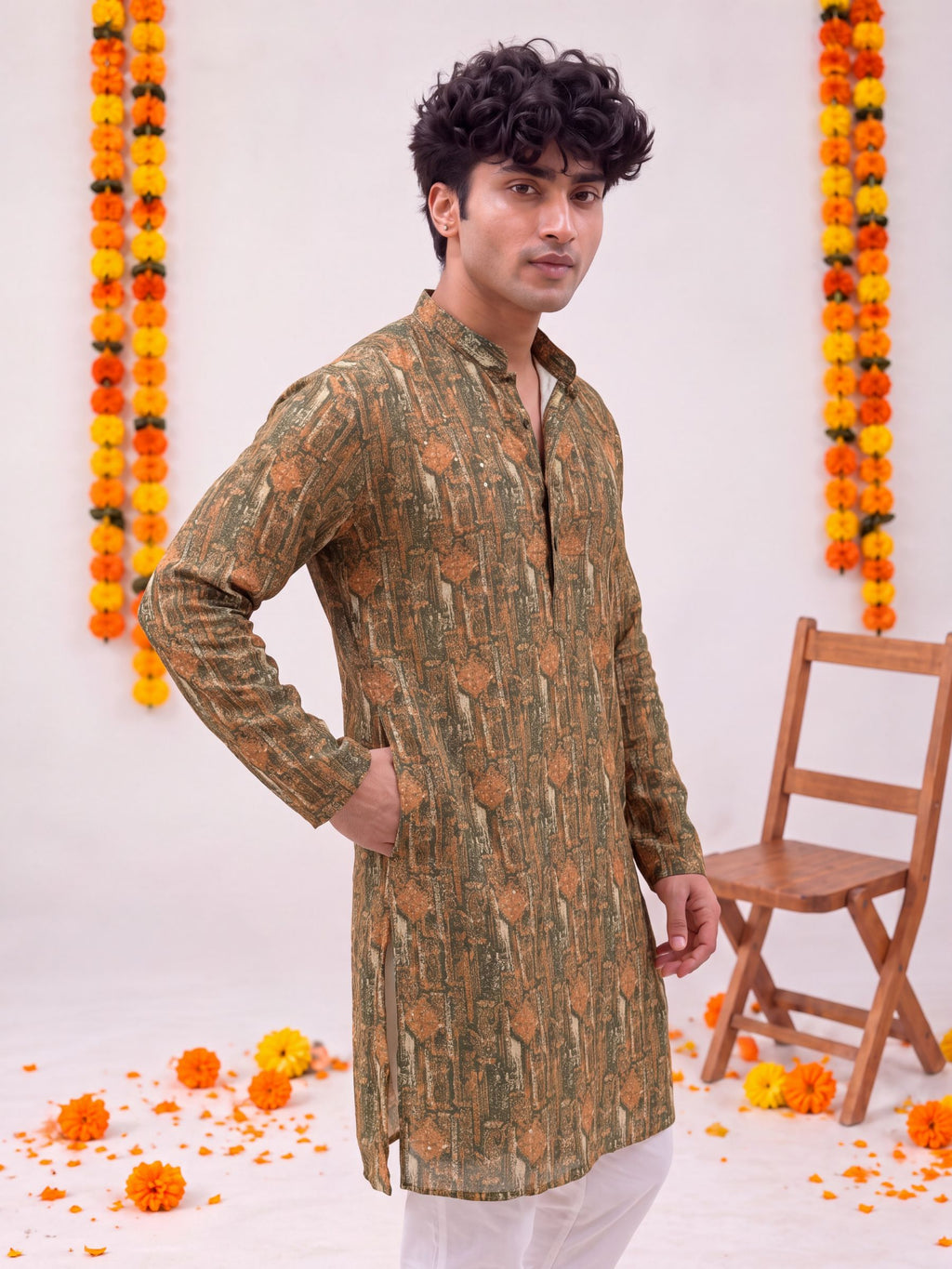 Olive Green Printed – Cotton Printed Long Kurta