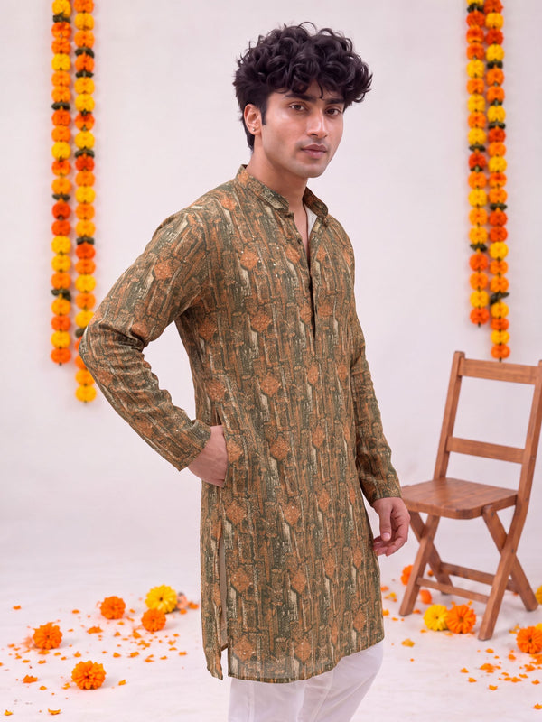 Olive Green Printed – Cotton Printed Long Kurta