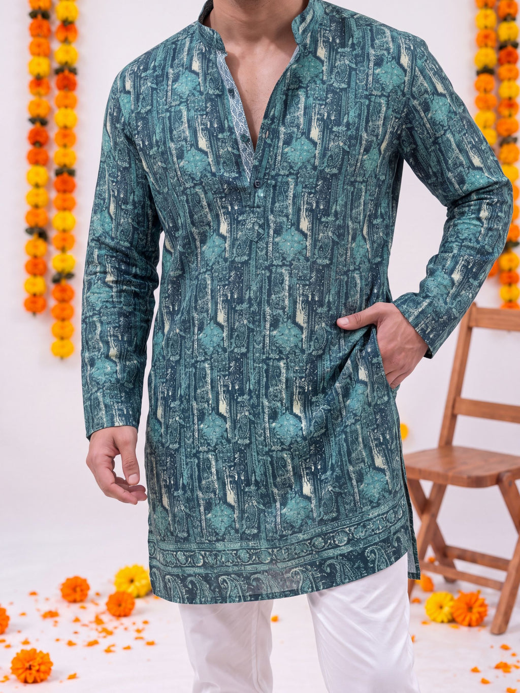 Teal Floral Jaal – Textured Printed Long Kurta