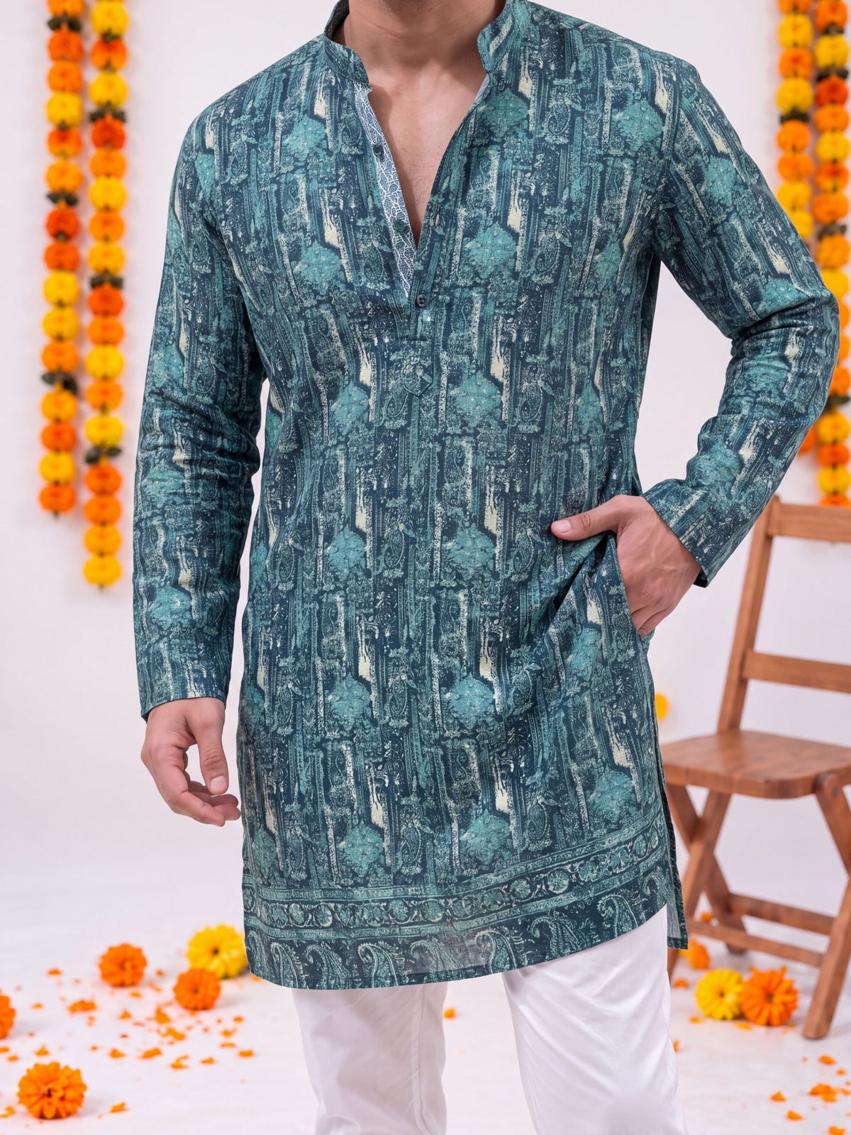 Teal Floral Jaal – Textured Printed Long Kurta