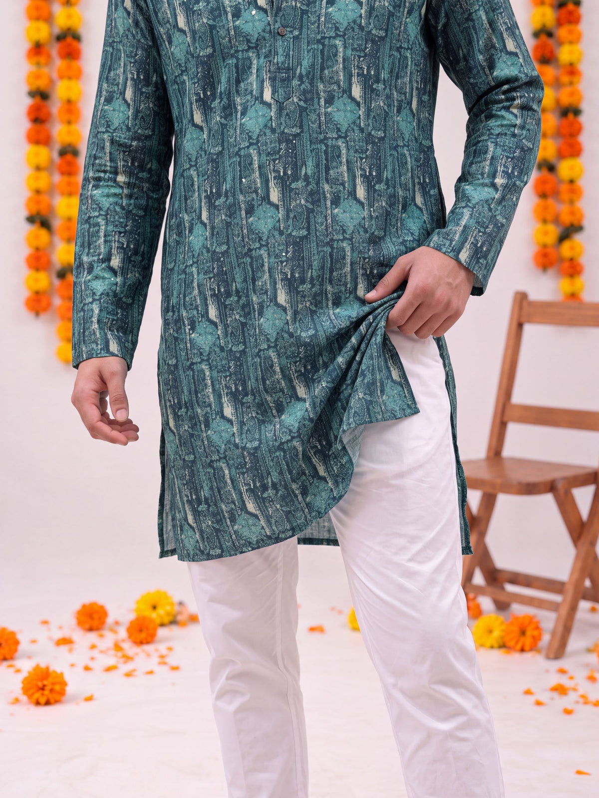 Teal Floral Jaal – Textured Printed Long Kurta