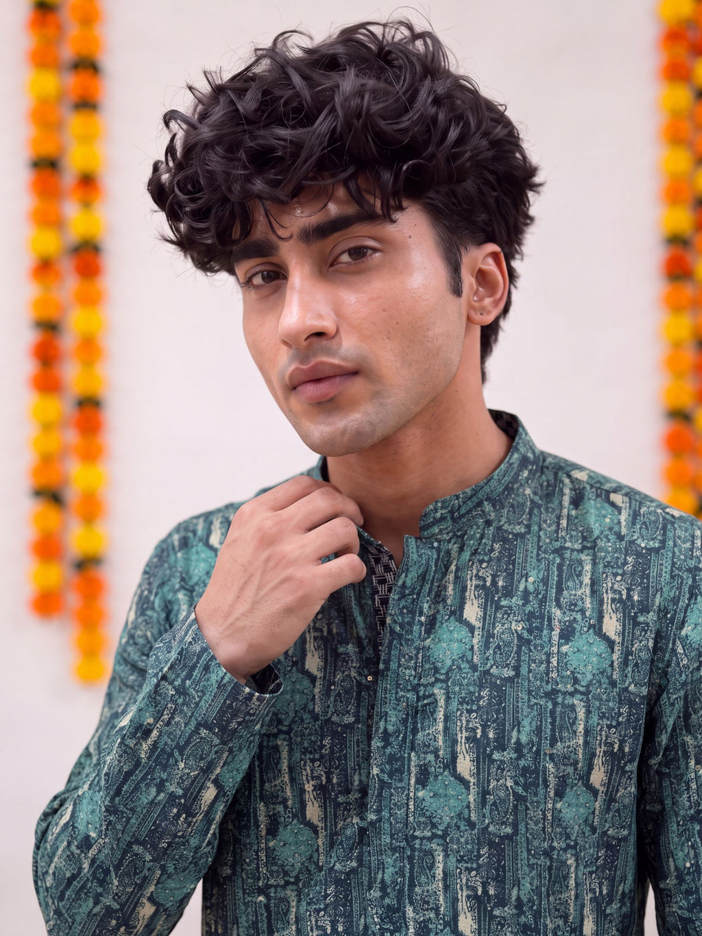 Teal Floral Jaal – Textured Printed Long Kurta