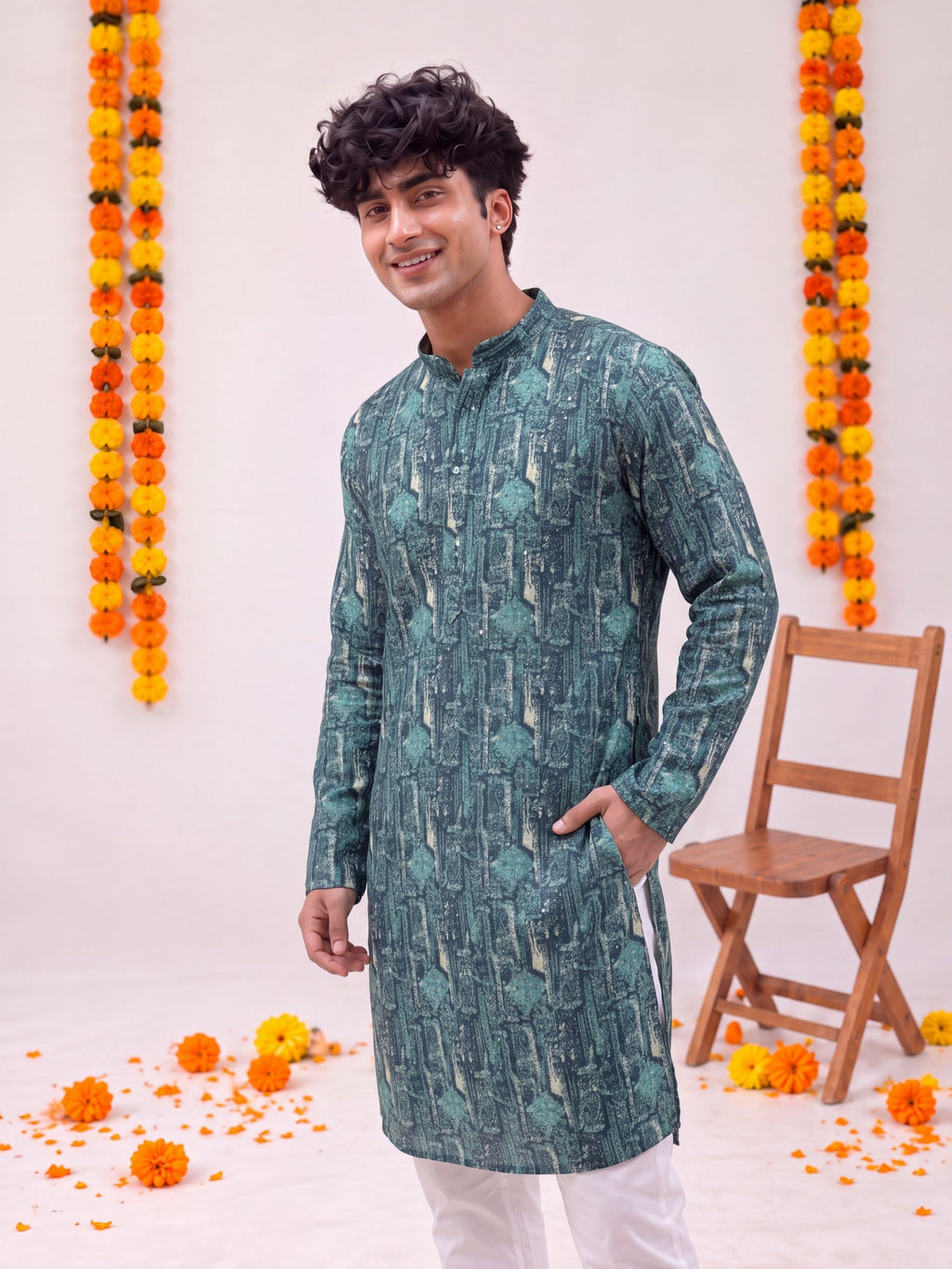 Teal Floral Jaal – Textured Printed Long Kurta