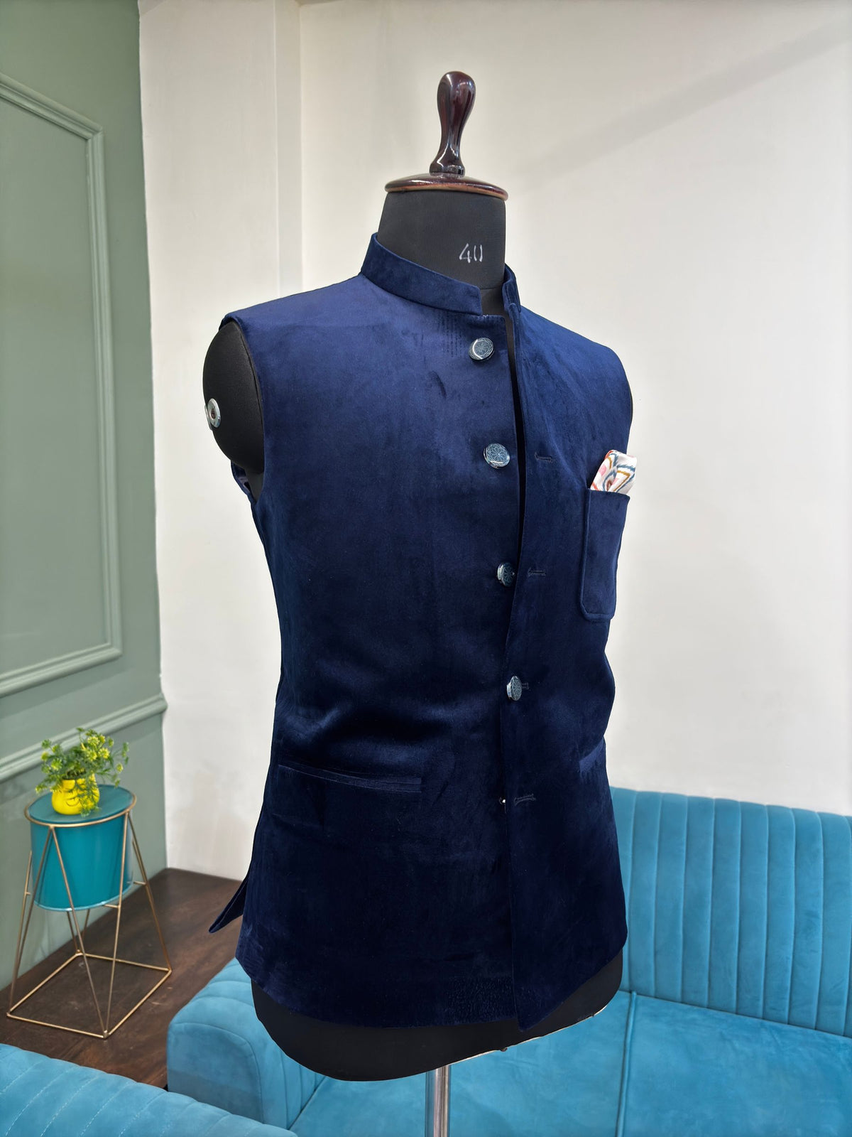 Stylish Velvet Nheru Jacket - Blue