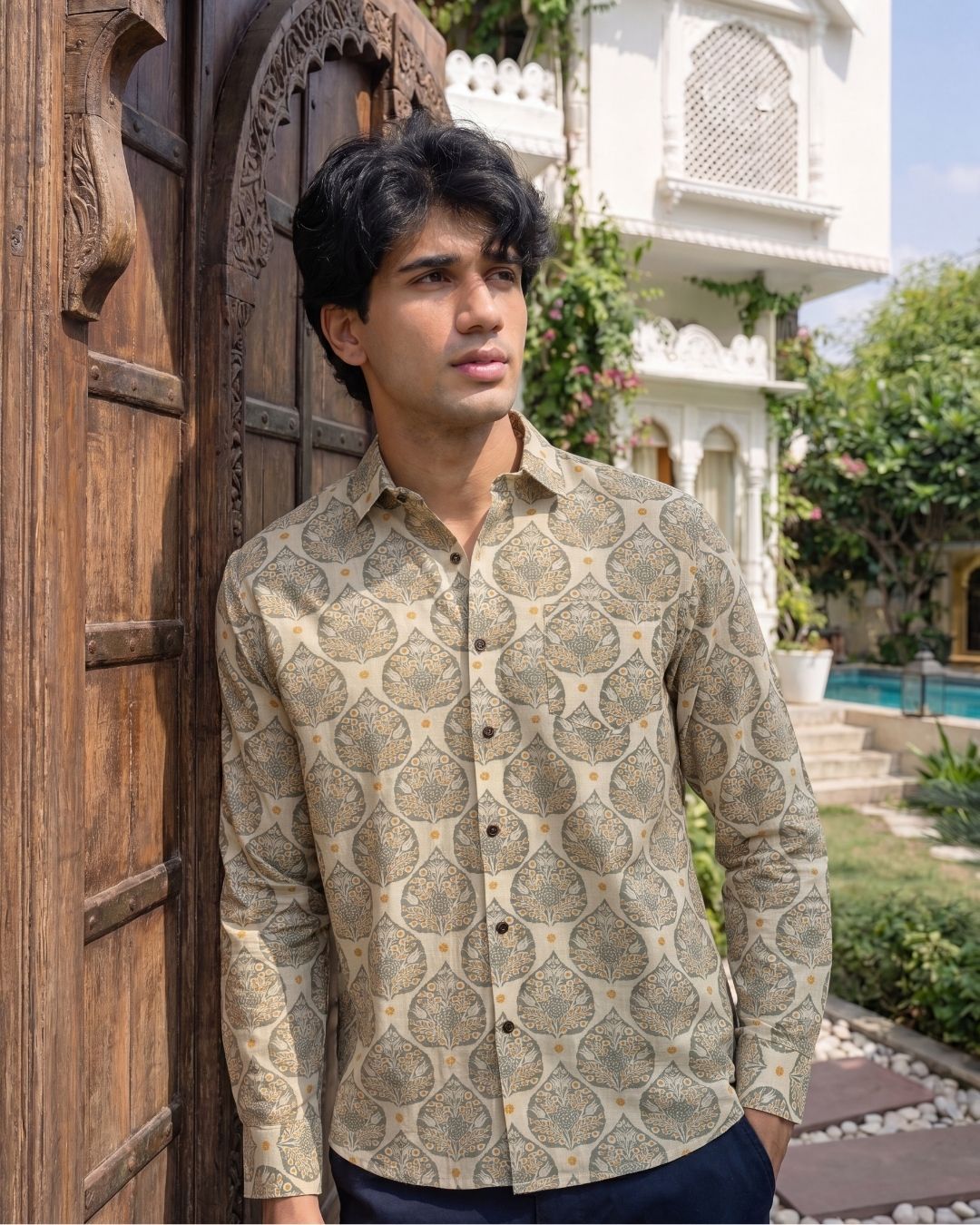 Leafy Elegance – Printed Cotton Full Sleeve Shirt