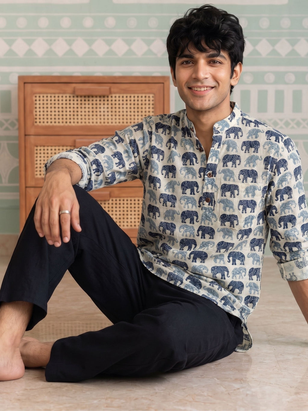 Elephant Elegance – Printed Cotton Short Kurta