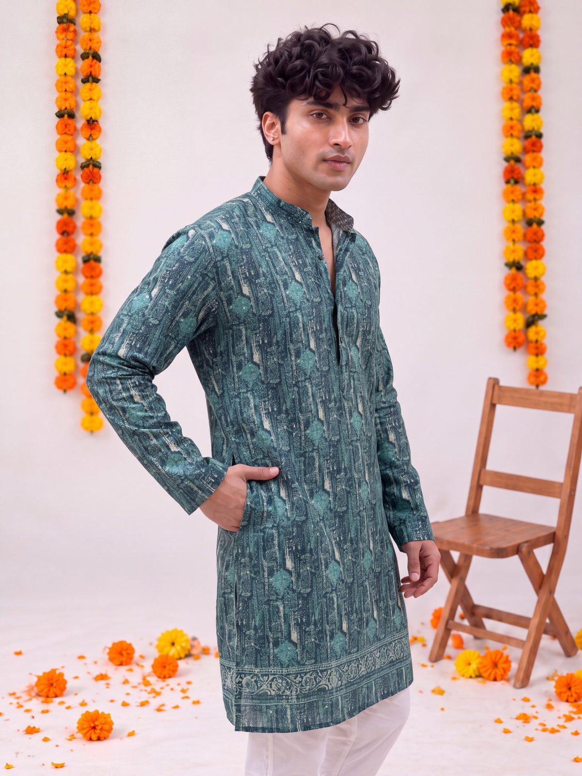 Teal Floral Jaal – Textured Printed Long Kurta
