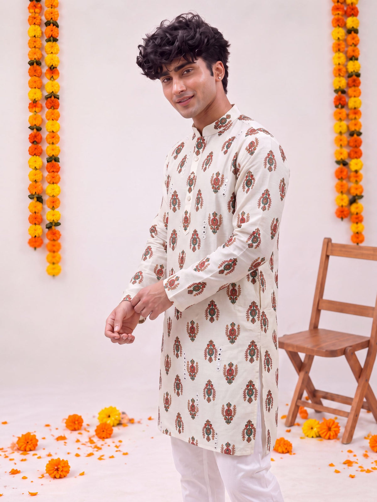 Ivory Floral Jaal – Cotton Printed Long Kurta