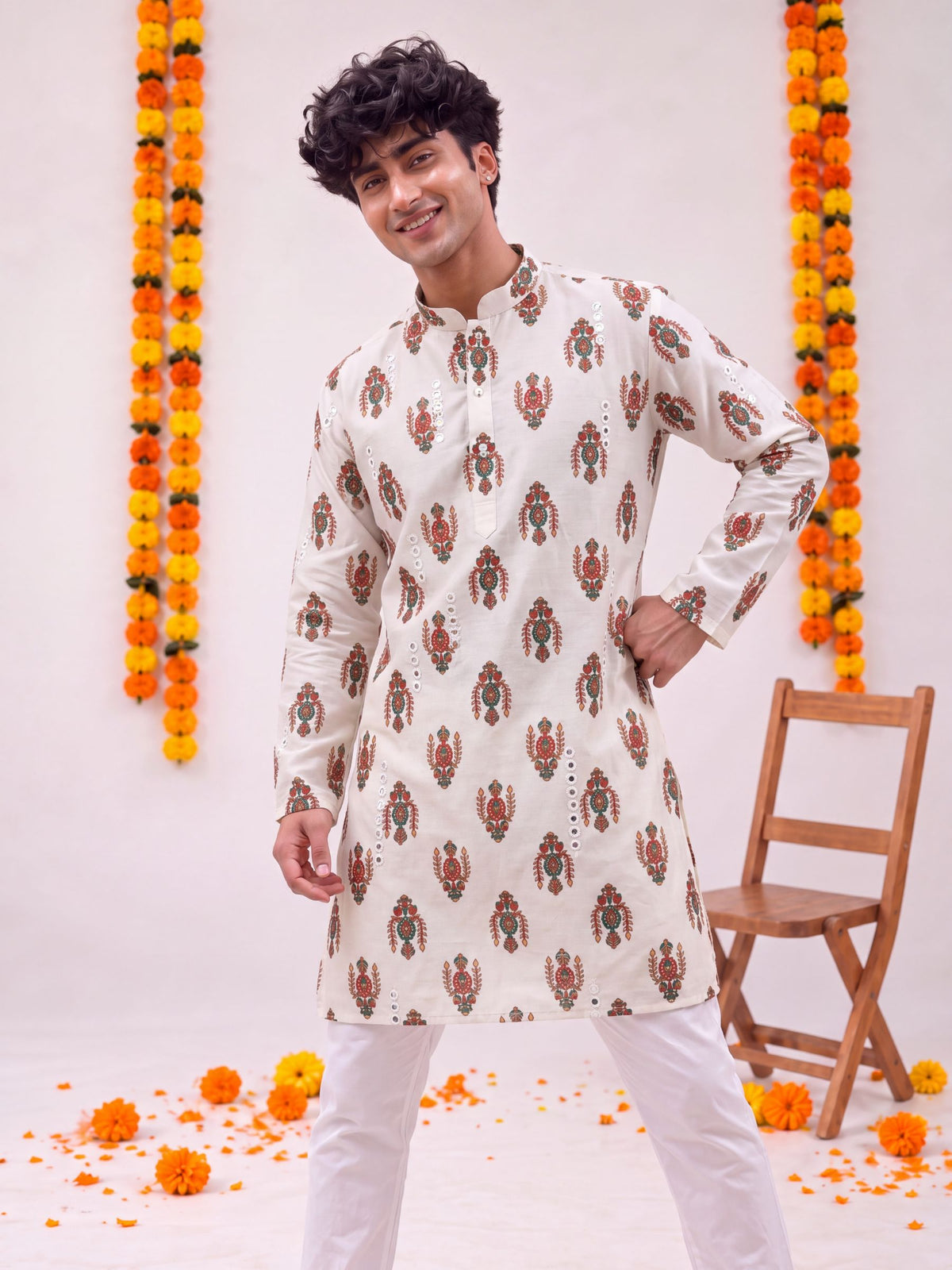 Ivory Floral Jaal – Cotton Printed Long Kurta