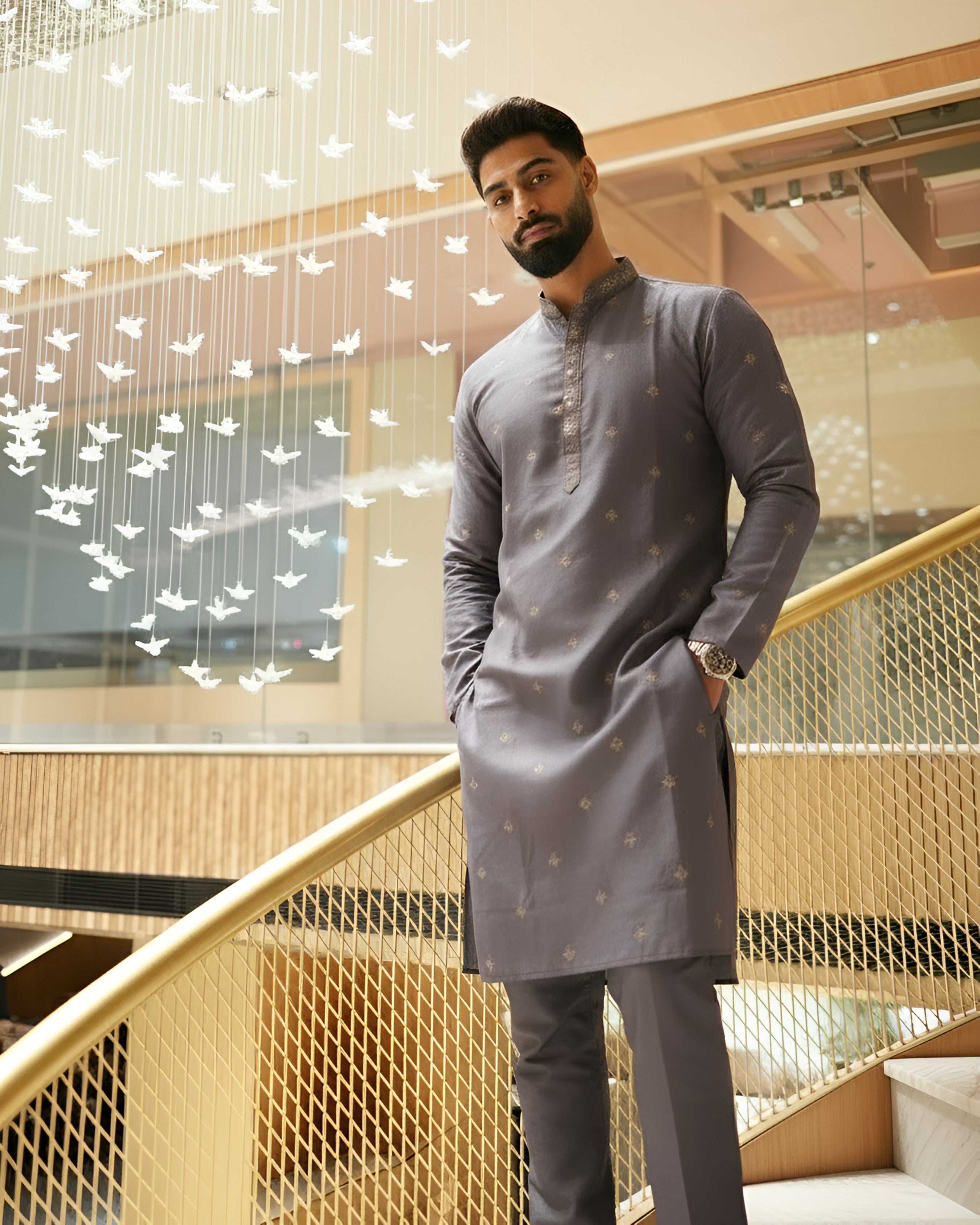 Men’s Heavy Designer Long Kurta Pajama – Lavender Embroidered