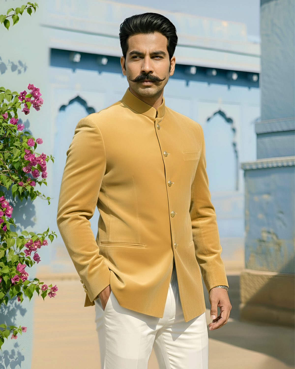 Velvet Jodhpuri Bandhgala- Camel Color