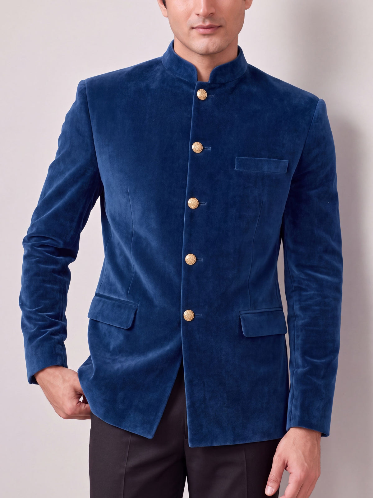 Royal Navy Blue Velvet Jodhpuri Bandhgala