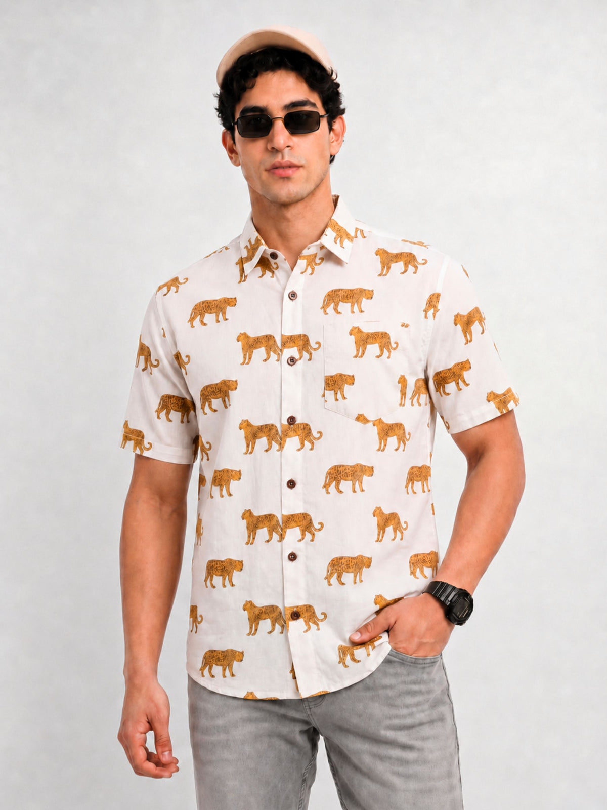 Leopard Roar – Printed Cotton Half Sleeve Shirt