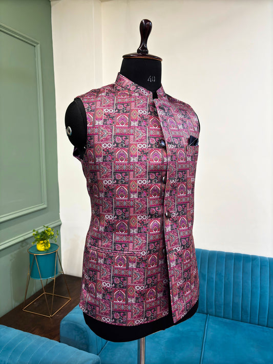 Men Dark Purple Printed Nehru Jacket