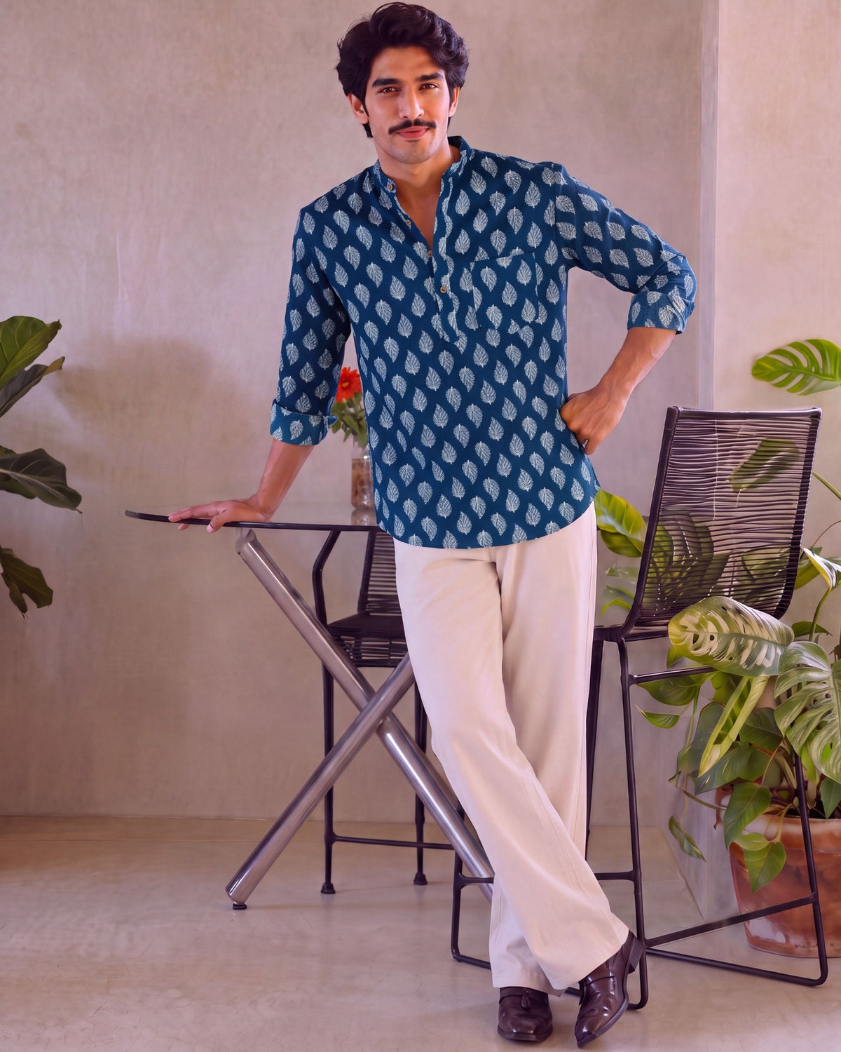 Navy Leaf Whisper – Men's Printed Cotton Kurta