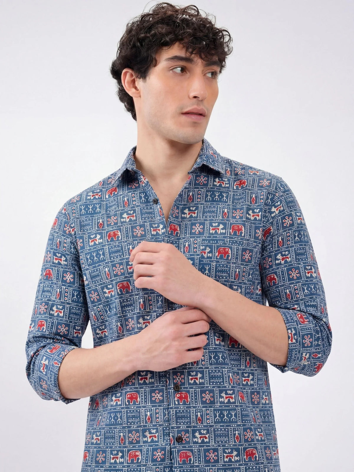 Heritage Motif – Printed Cotton Full Sleeve in Blue & Red