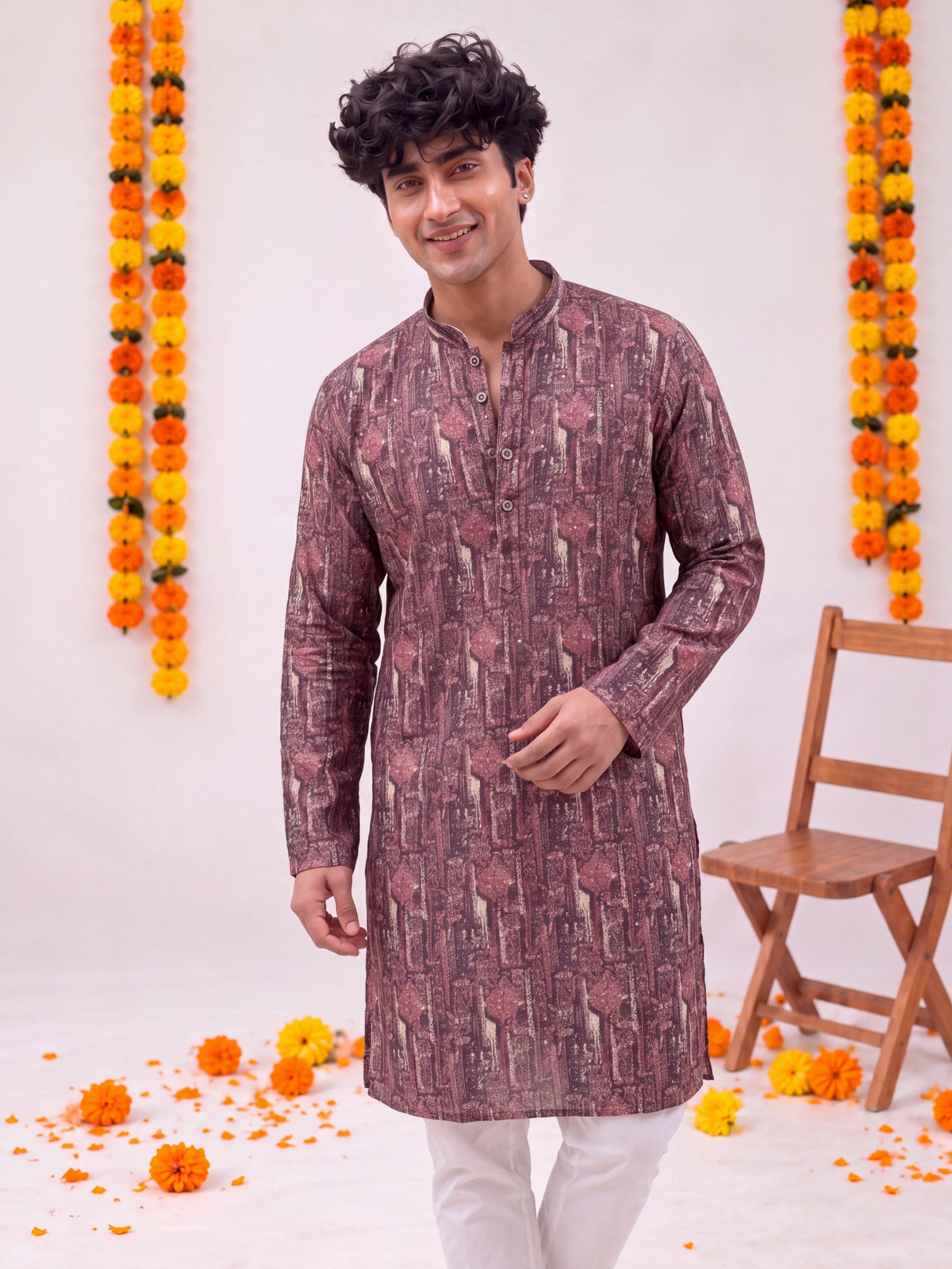 Maroon Mughal Floral – Printed Long Kurta