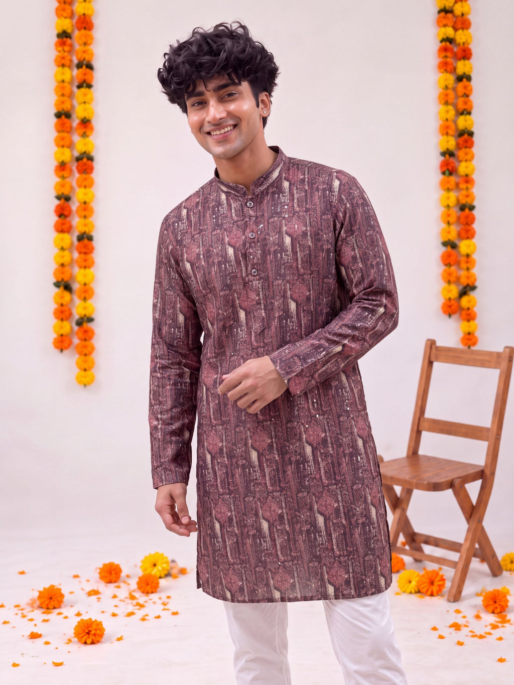 Maroon Mughal Floral – Printed Long Kurta