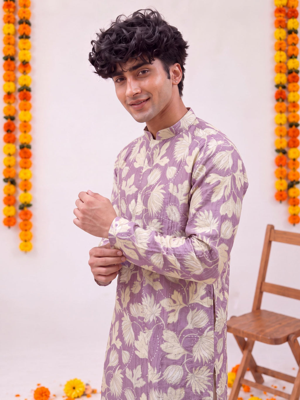 Lavender Floral Jaal – Textured Printed Long Kurta