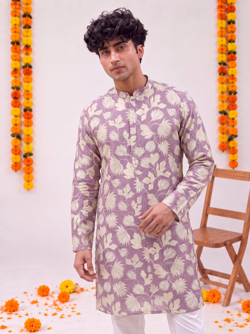 Lavender Floral Jaal – Textured Printed Long Kurta