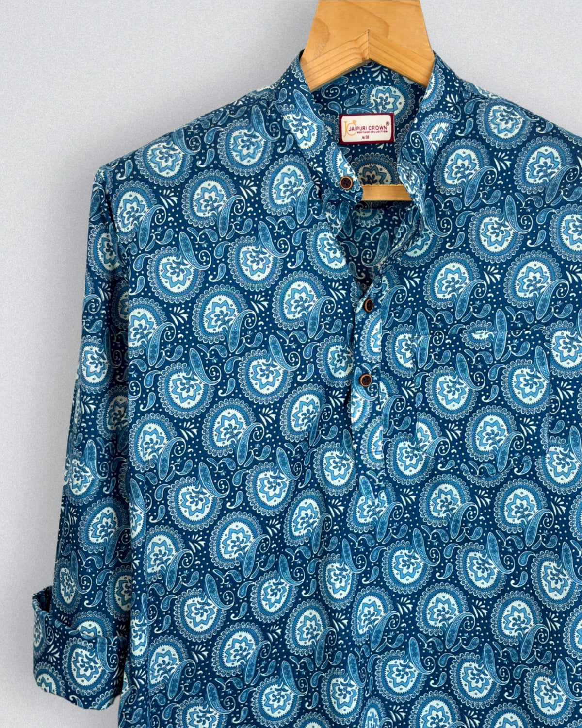 Paisley Charm – Printed Cotton Short Kurta in Blue & White