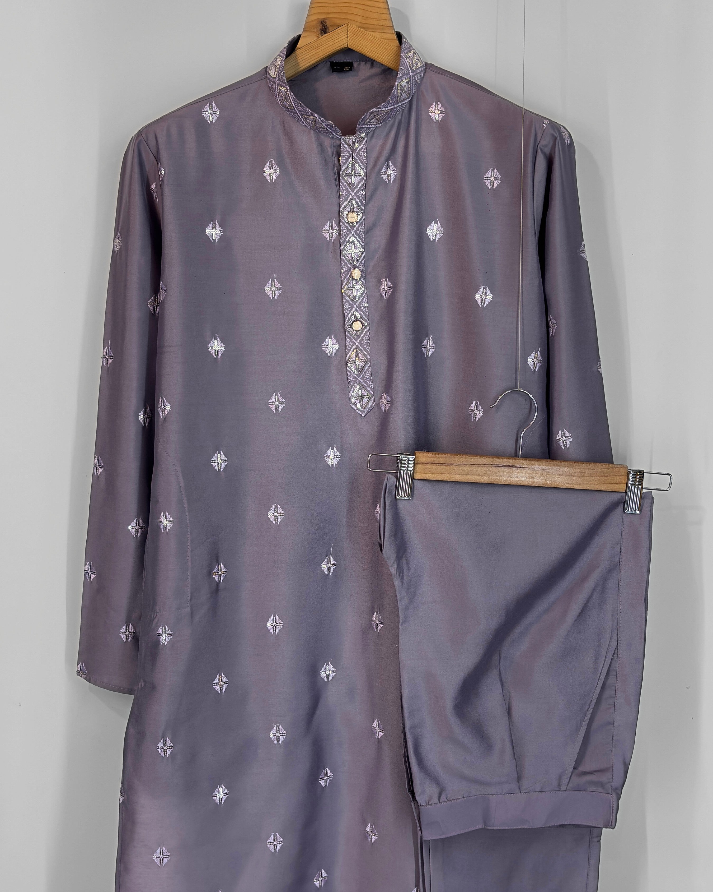 Men’s Heavy Designer Long Kurta Pajama – Lavender Embroidered