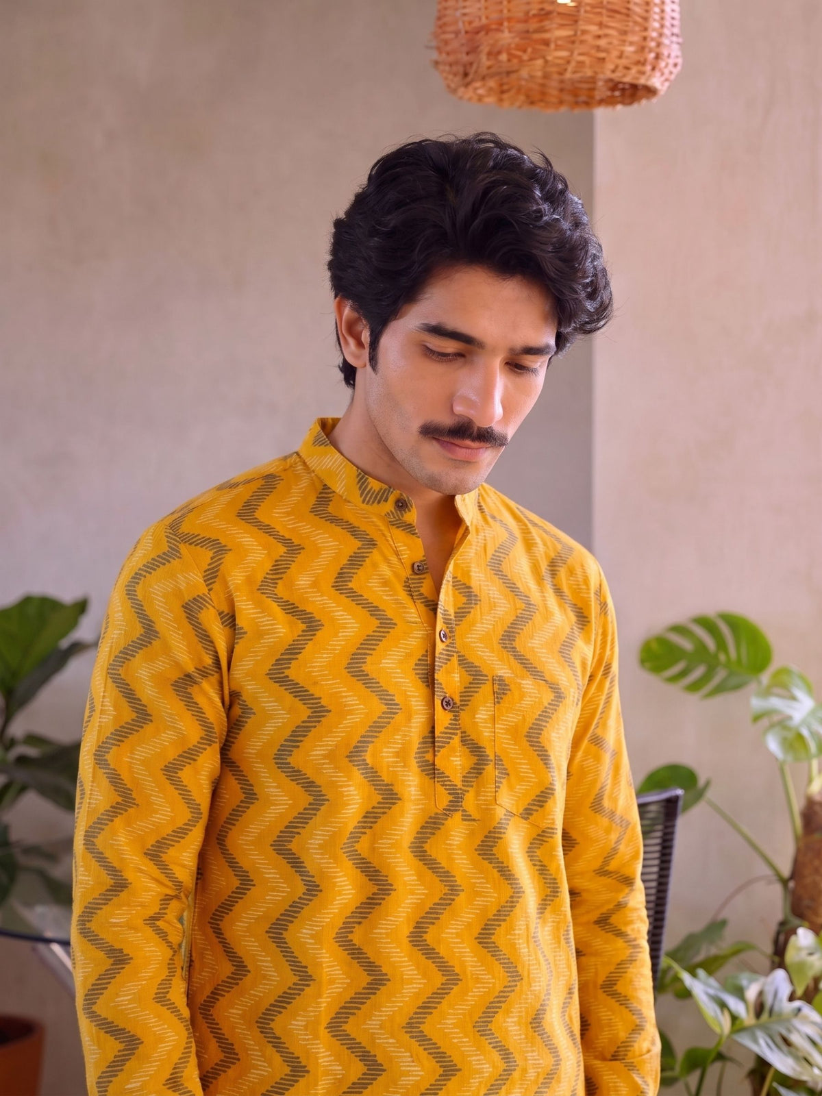 Golden Waves – Men's Printed Cotton Short Kurta