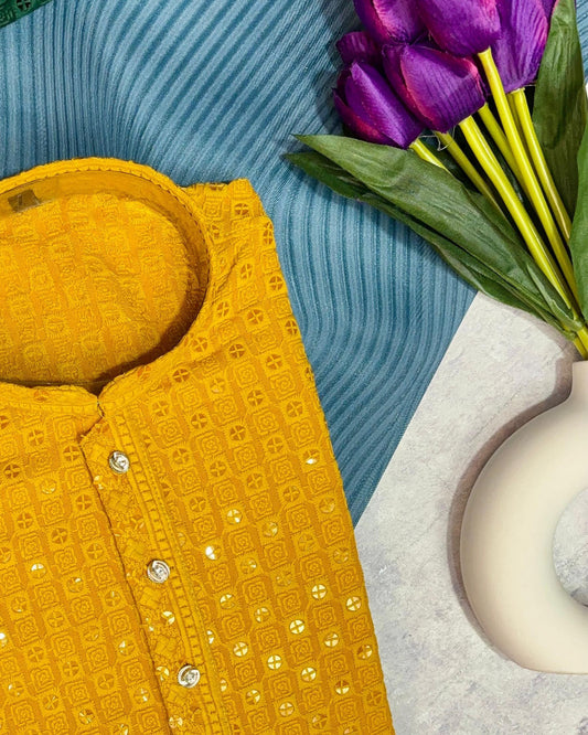 Mustard Yellow Chikankari Sequin Kurta