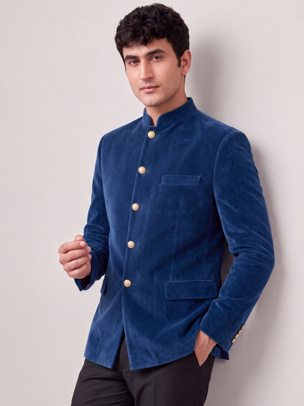 Royal Navy Blue Velvet Jodhpuri Bandhgala