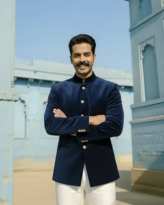 Velvet Jodhpuri Bandhgala- Blue 1800