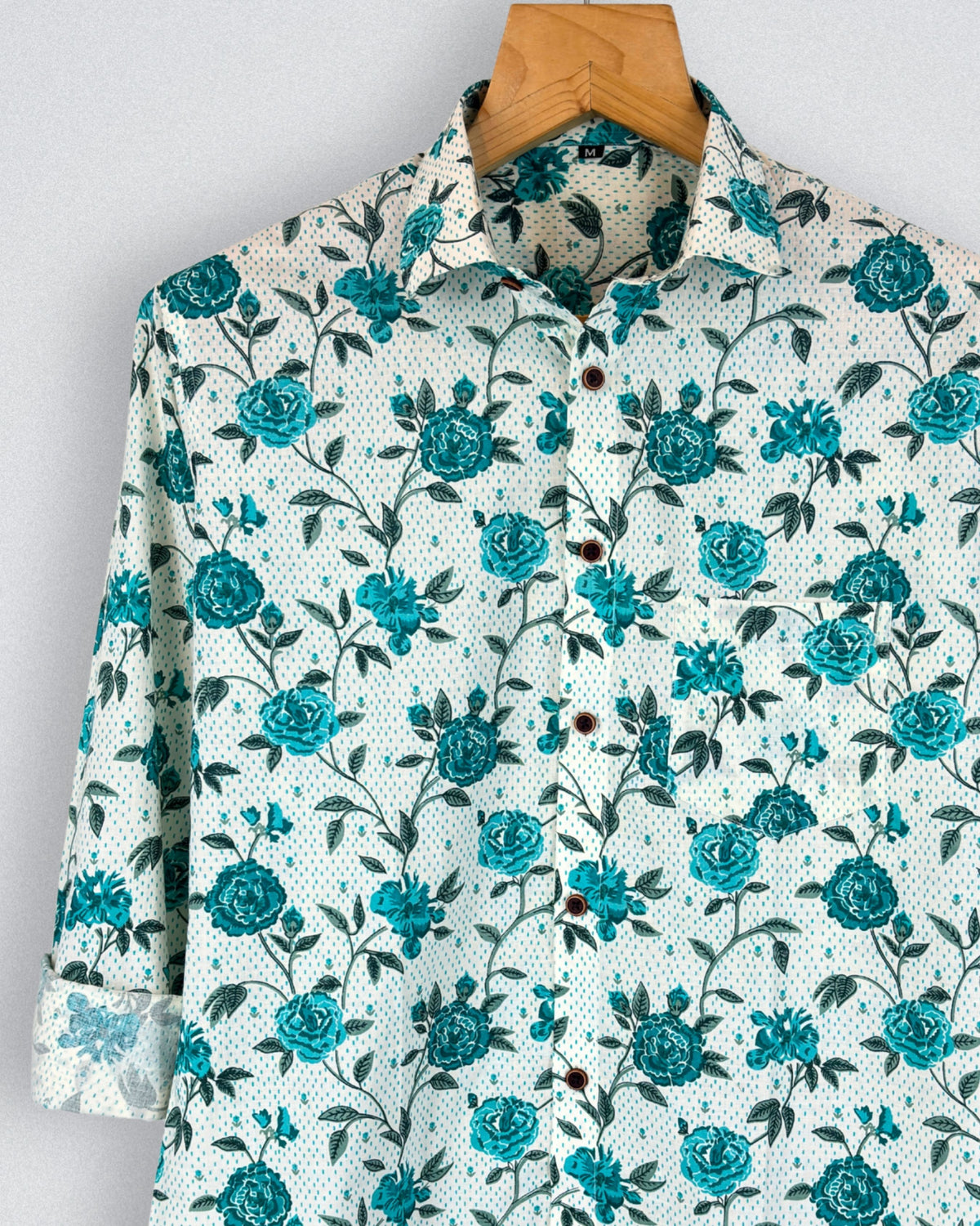 Floral Harmony – Printed Cotton Full Sleeve in Aqua & White