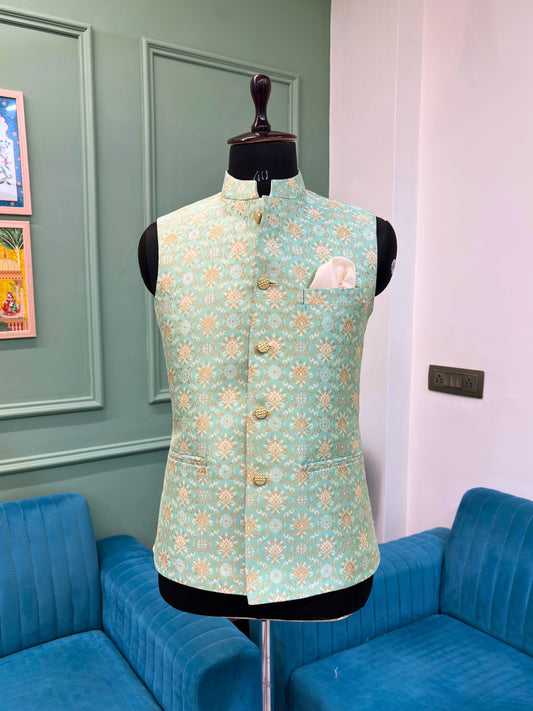 Men Blue Jacquard Nehru Jacket