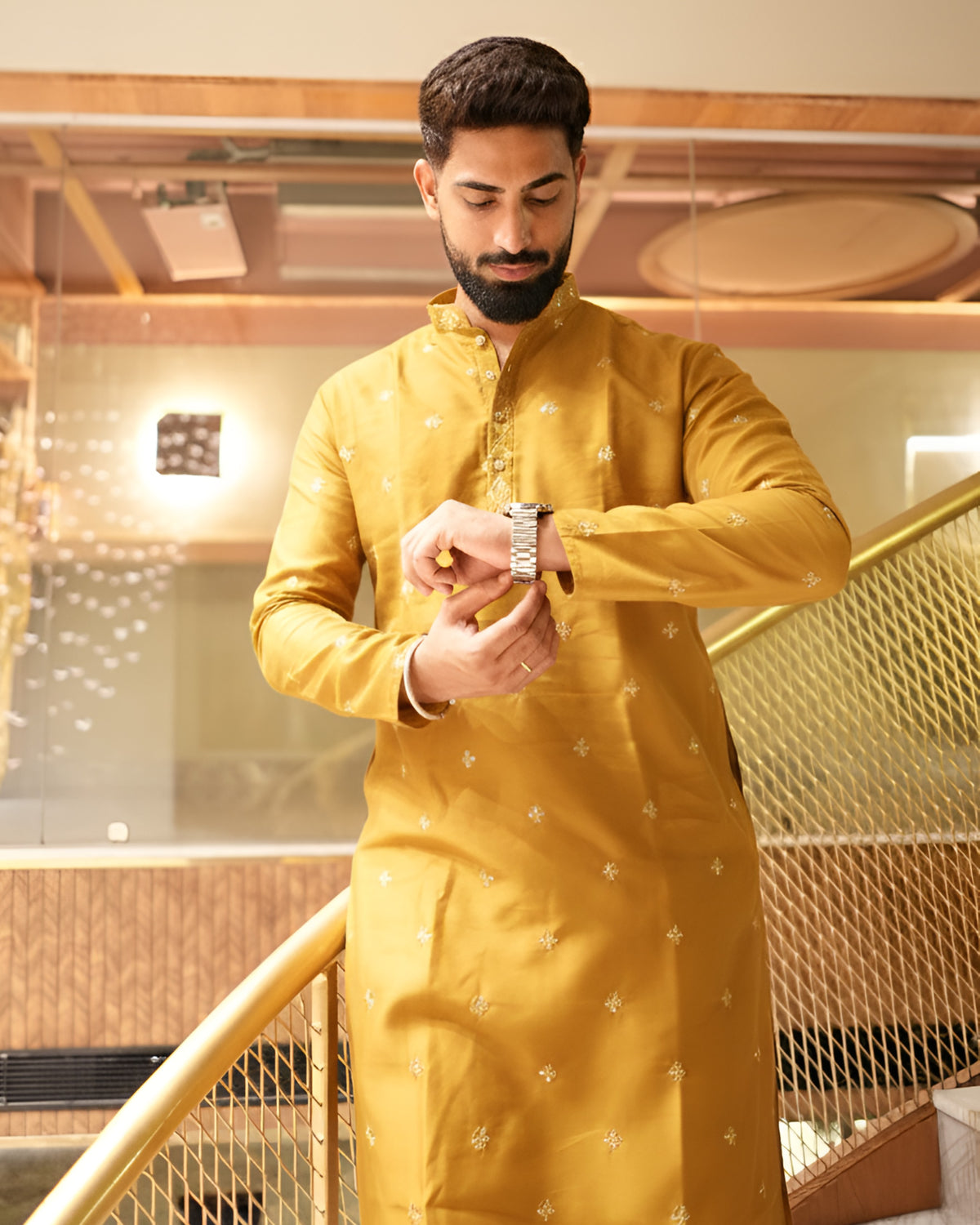 Men’s Heavy Designer Long Kurta Pajama – Mustard Embroidered