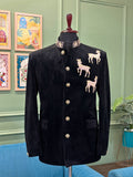 Royal Black Velvet Deer Embroidered Jodhpuri Bandhgala