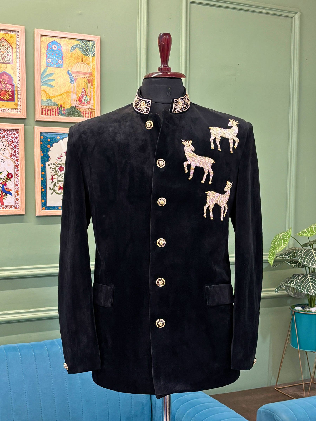Royal Black Velvet Deer Embroidered Jodhpuri Bandhgala